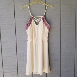 Soulmates Dress Small Ivory V-Neck Criss-Cross Straps Elastic Waist Embroidered